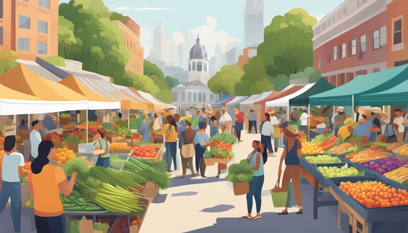 A bustling farmers' market with colorful produce, local vendors, and a diverse crowd browsing and purchasing fresh, sustainable products