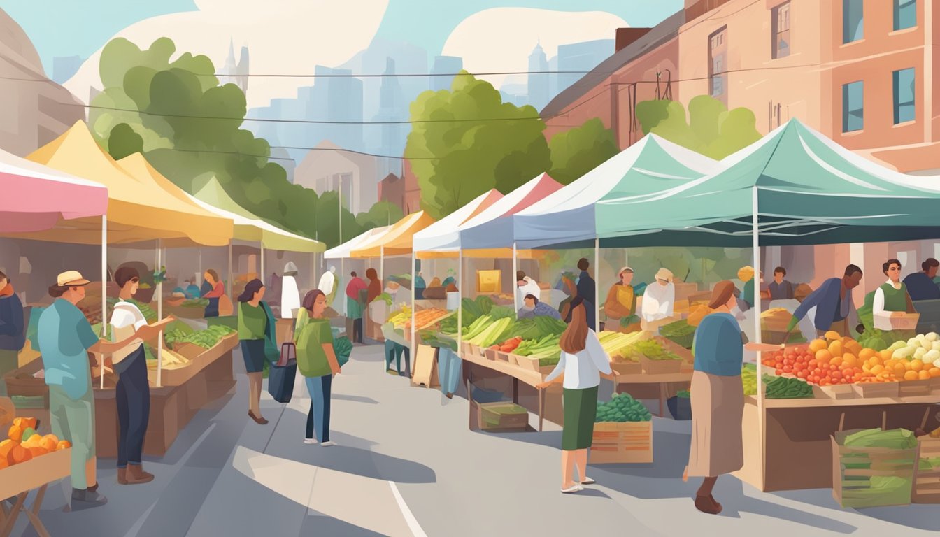 A bustling farmers market with colorful stalls and a variety of fresh, locally-sourced produce. Customers chat with vendors and sample homemade goods