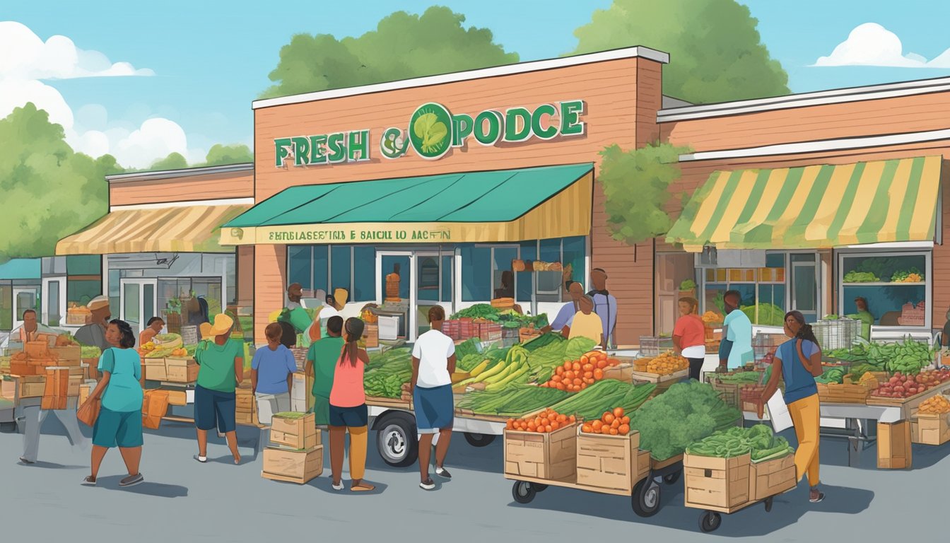 A bustling local food co-op with people buying and distributing fresh produce and groceries in Mobile, AL