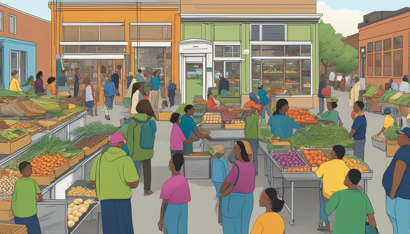 A bustling local food coop in Minneapolis, MN, with community members engaged in educational activities and discussions about sustainable living and healthy eating