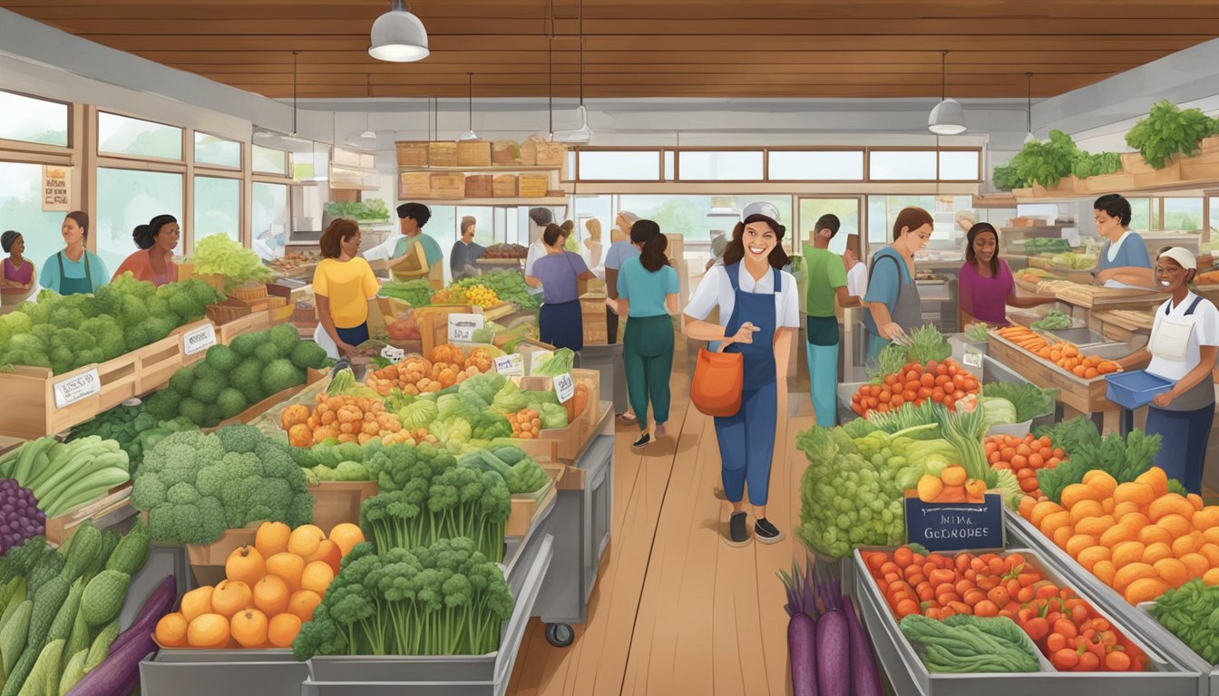 A bustling local food coop with diverse produce, friendly staff, and engaged community members