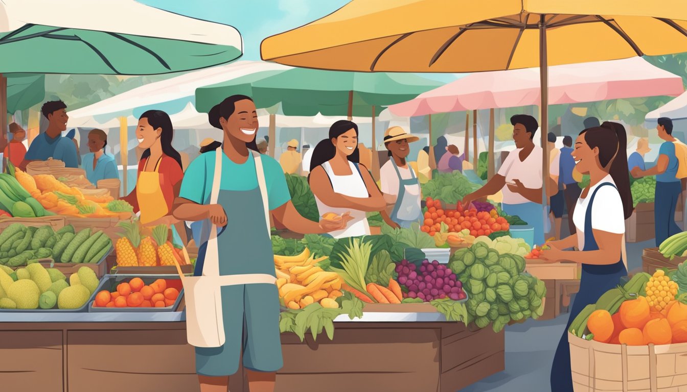 A vibrant farmers' market in Honolulu, Hawaii, with colorful stalls and diverse produce. Customers interact with farmers and vendors, exchanging goods and smiles