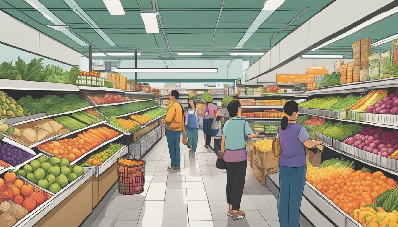 A bustling food co-op with colorful produce, customers browsing aisles, and staff restocking shelves in Honolulu, HI