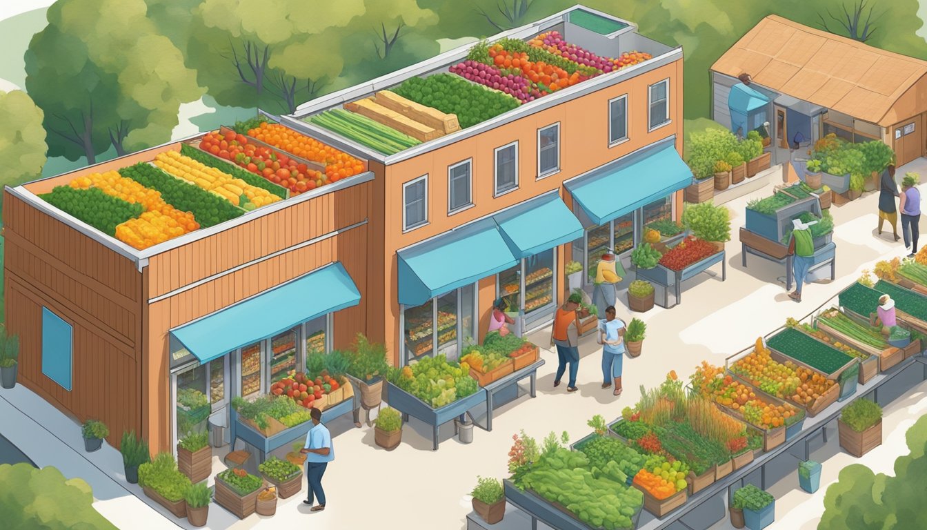 A bustling local food coop with colorful produce, reusable bags, and eco-friendly packaging, surrounded by community gardens and solar panels