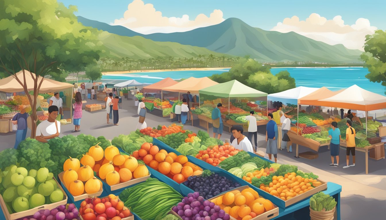 A bustling farmer's market with colorful produce stalls and a variety of local food vendors. The backdrop is the serene landscape of Honolulu, Hawaii