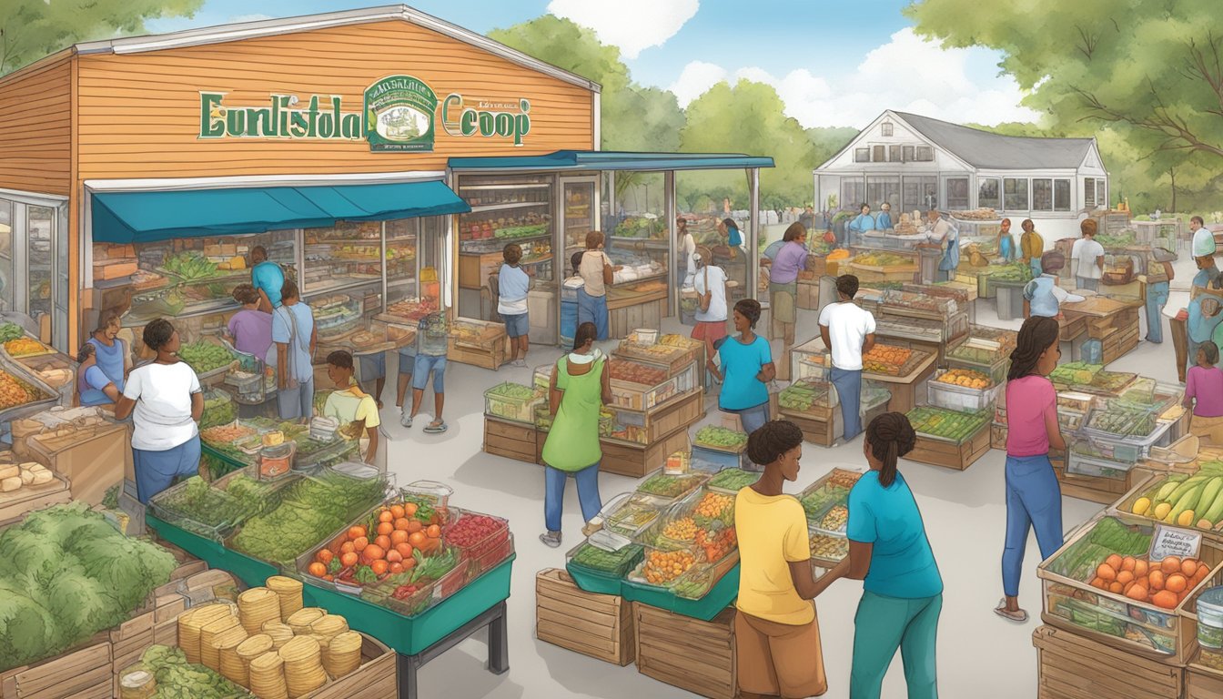 A bustling local food coop surrounded by educational resources and events in Mobile, AL