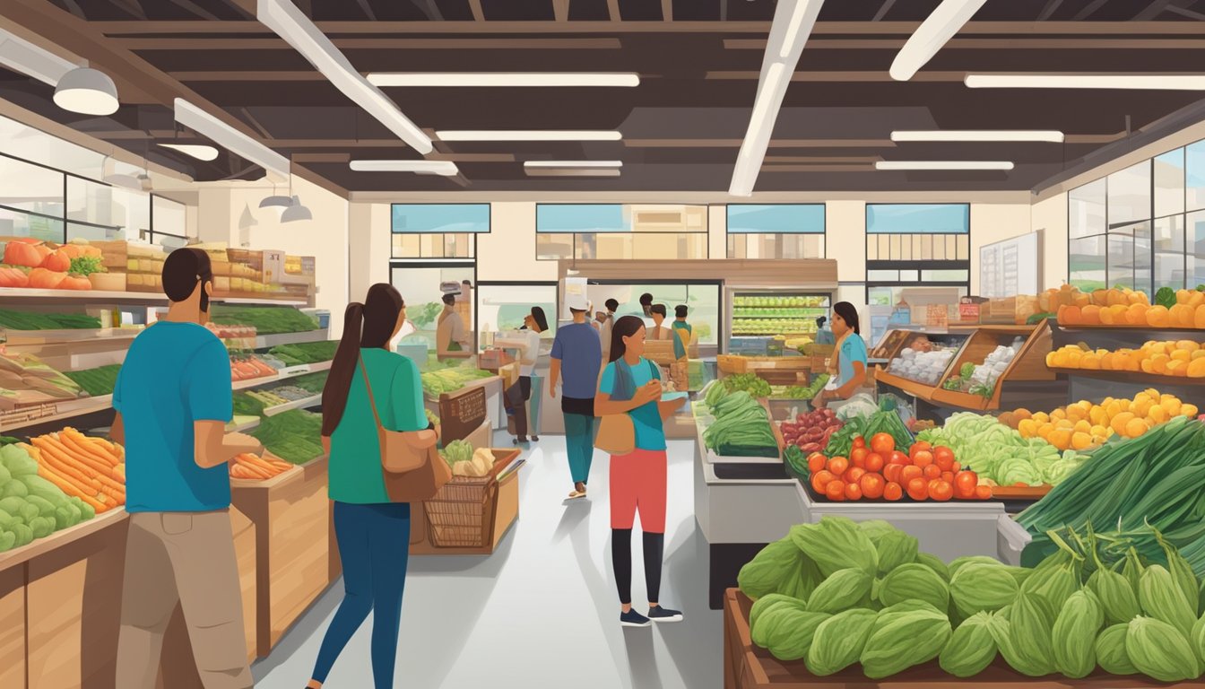 A bustling local food co-op in Honolulu, HI, with shelves stocked full of fresh produce, artisanal goods, and a vibrant community atmosphere