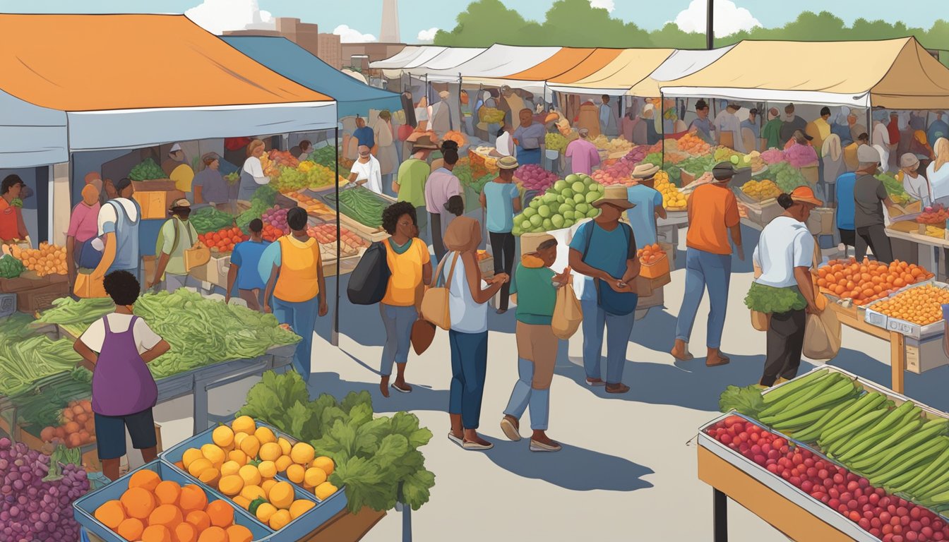 A bustling farmers' market with colorful produce stalls and a diverse crowd browsing local goods in Tulsa, Oklahoma