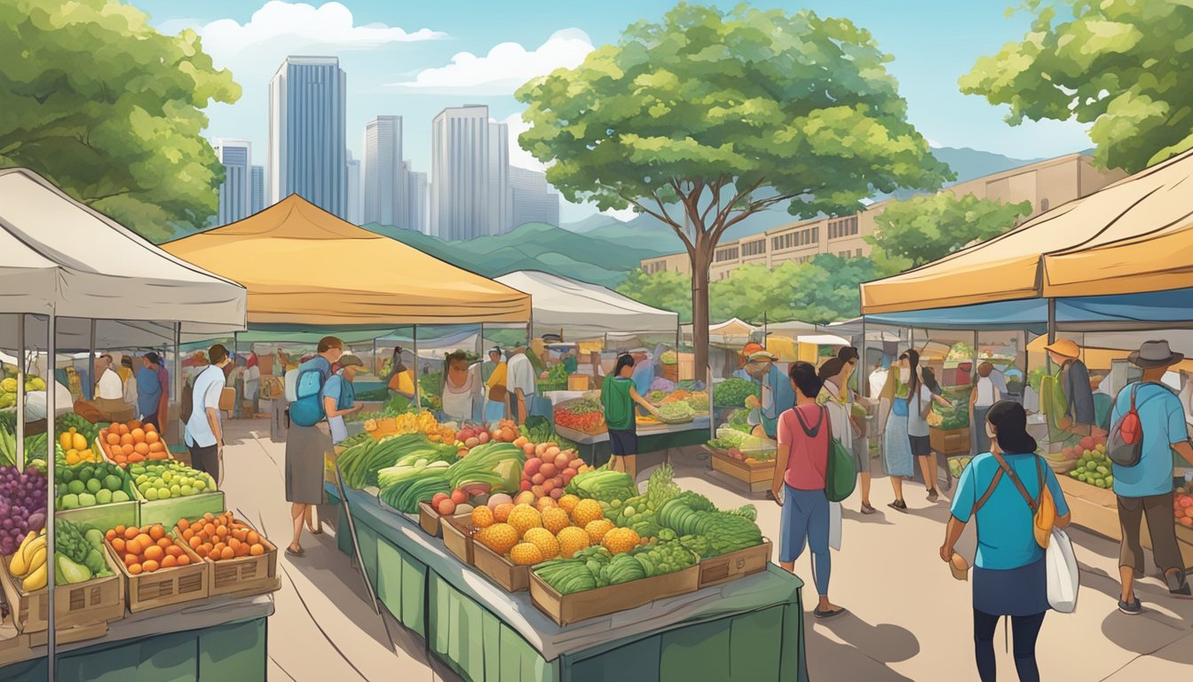 A bustling farmers market with colorful produce, local vendors, and eco-friendly packaging, set against the backdrop of Honolulu's lush landscape