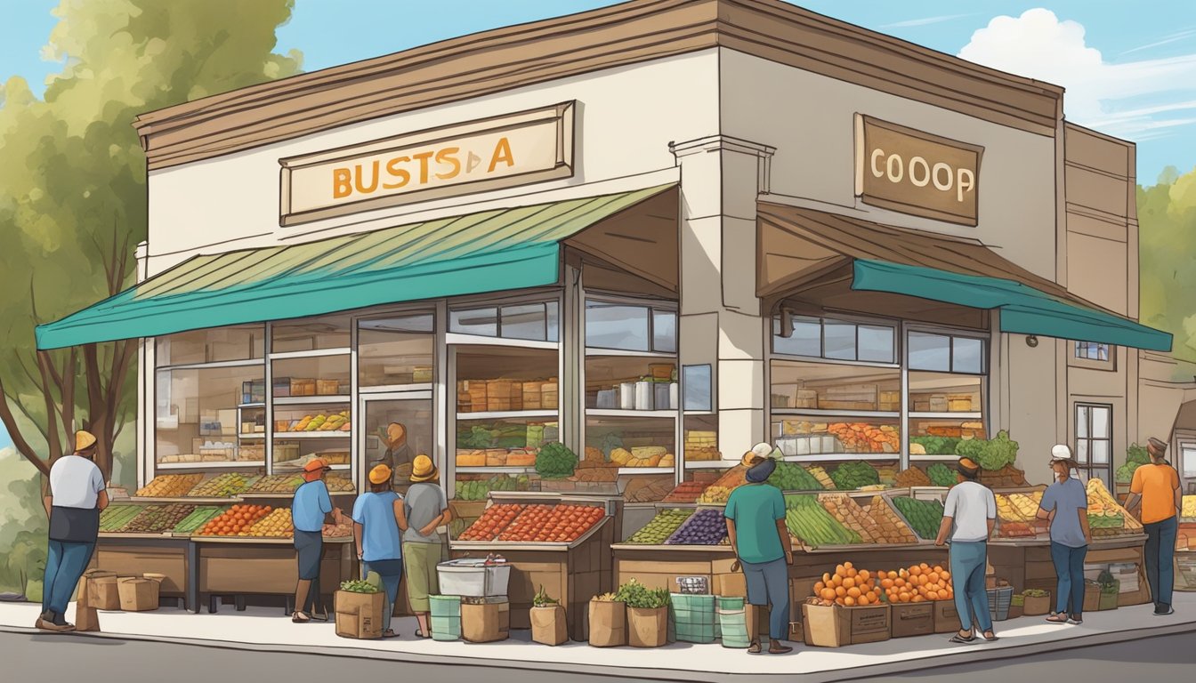 A bustling local food co-op in Tulsa, Oklahoma with vendors selling fresh produce, baked goods, and handmade crafts