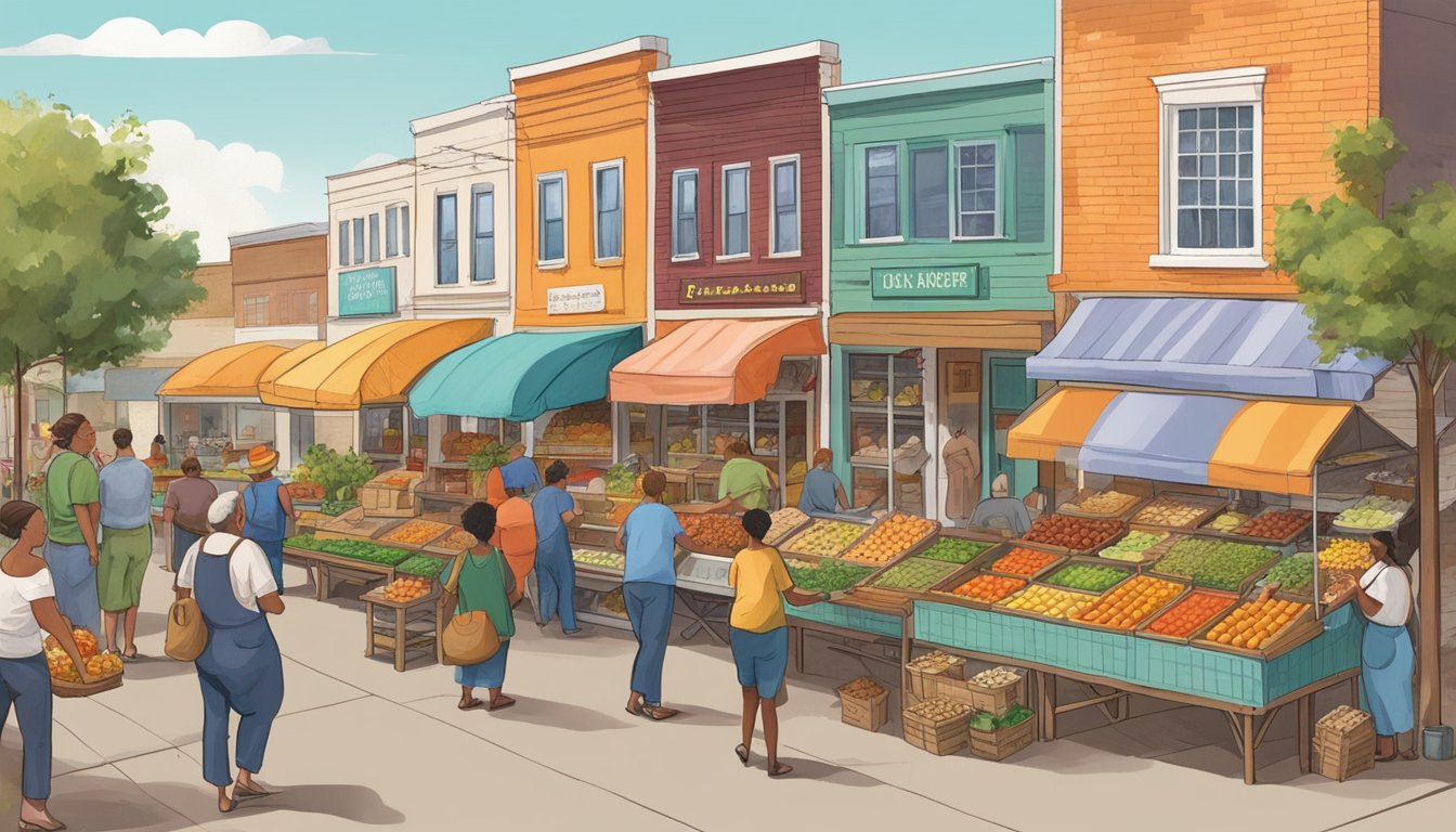 A bustling local food coop in Tulsa, OK, with vendors selling fresh produce, baked goods, and handmade goods. Customers chat and browse the colorful displays