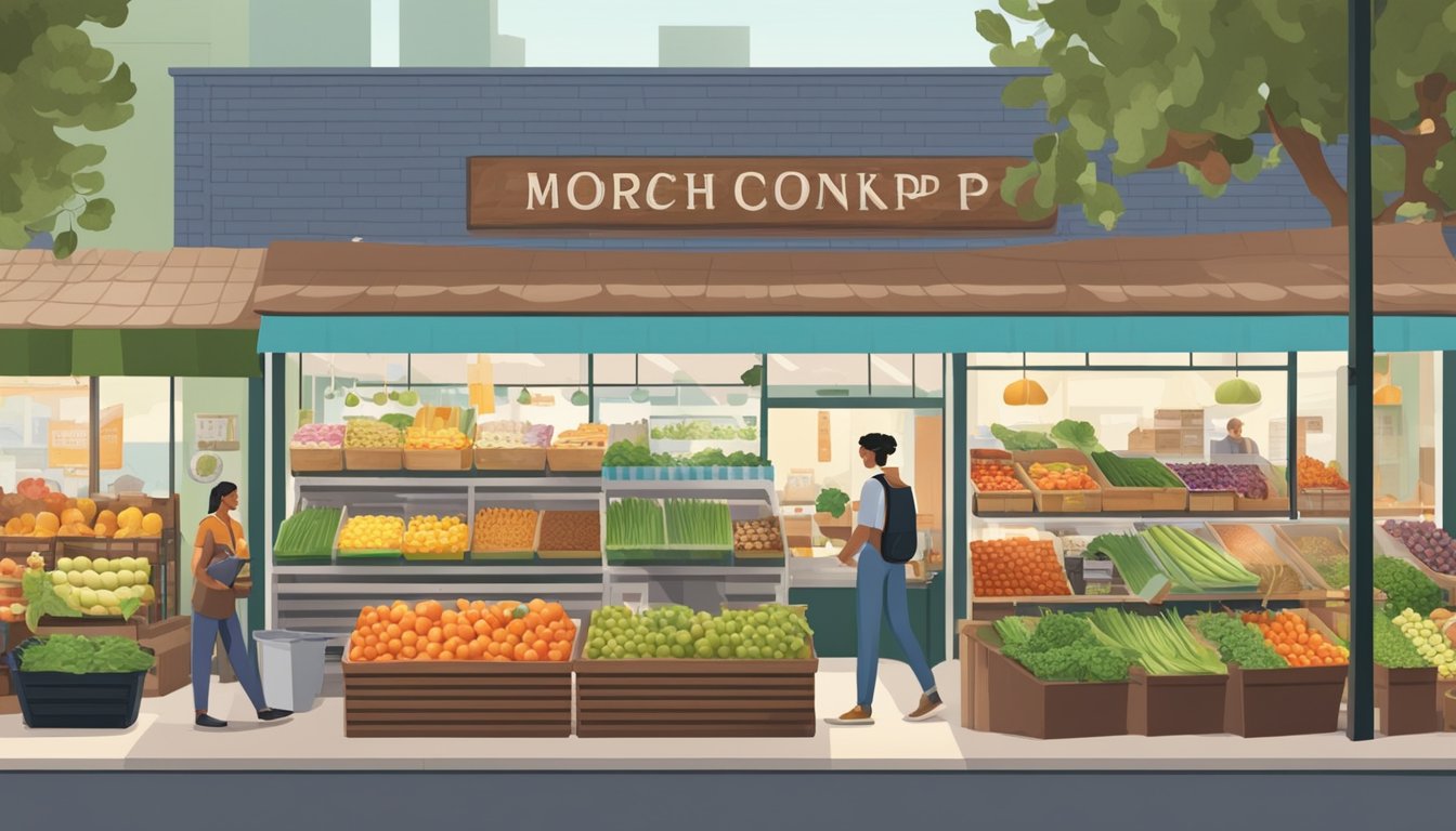 A bustling local food co-op market with fresh produce, artisanal goods, and friendly vendors