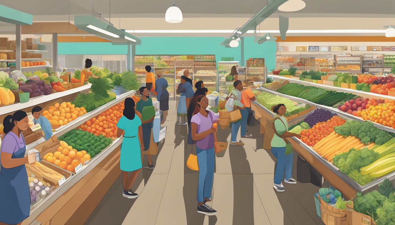 A bustling local food co-op in Oakland, CA, with colorful produce displays, shelves stocked with organic goods, and a diverse group of customers browsing the aisles