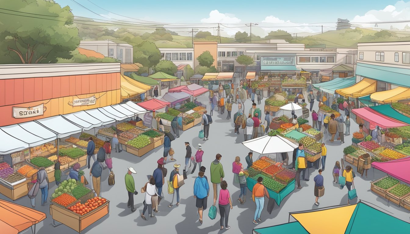 A bustling farmers market with colorful stalls and a variety of fresh produce, surrounded by eager shoppers in Daly City, CA