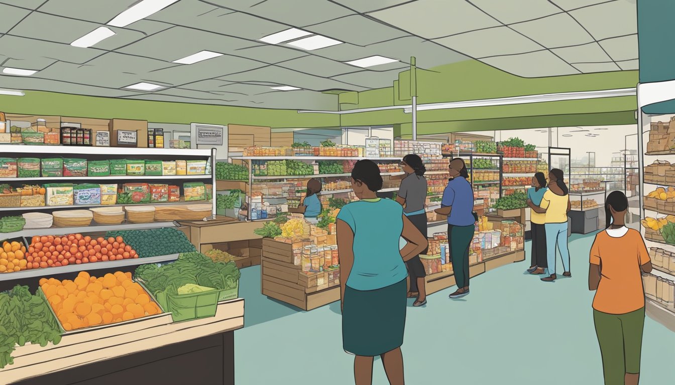 A bustling local food co-op in Tulsa, OK offers additional services and programs. Shelves are stocked with fresh produce, dairy, and pantry items. Customers chat with staff and browse the selection