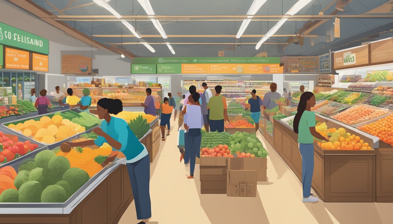 A bustling local food co-op in Oakland, CA, with colorful produce, shelves of bulk goods, and a diverse group of customers browsing the aisles