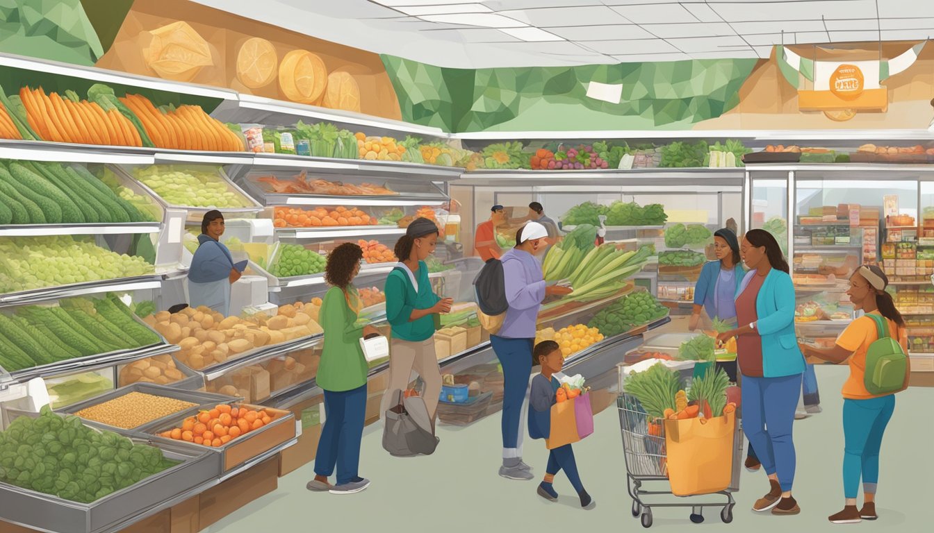 A bustling local food co-op in Daly City, CA with diverse members shopping and engaging in community events