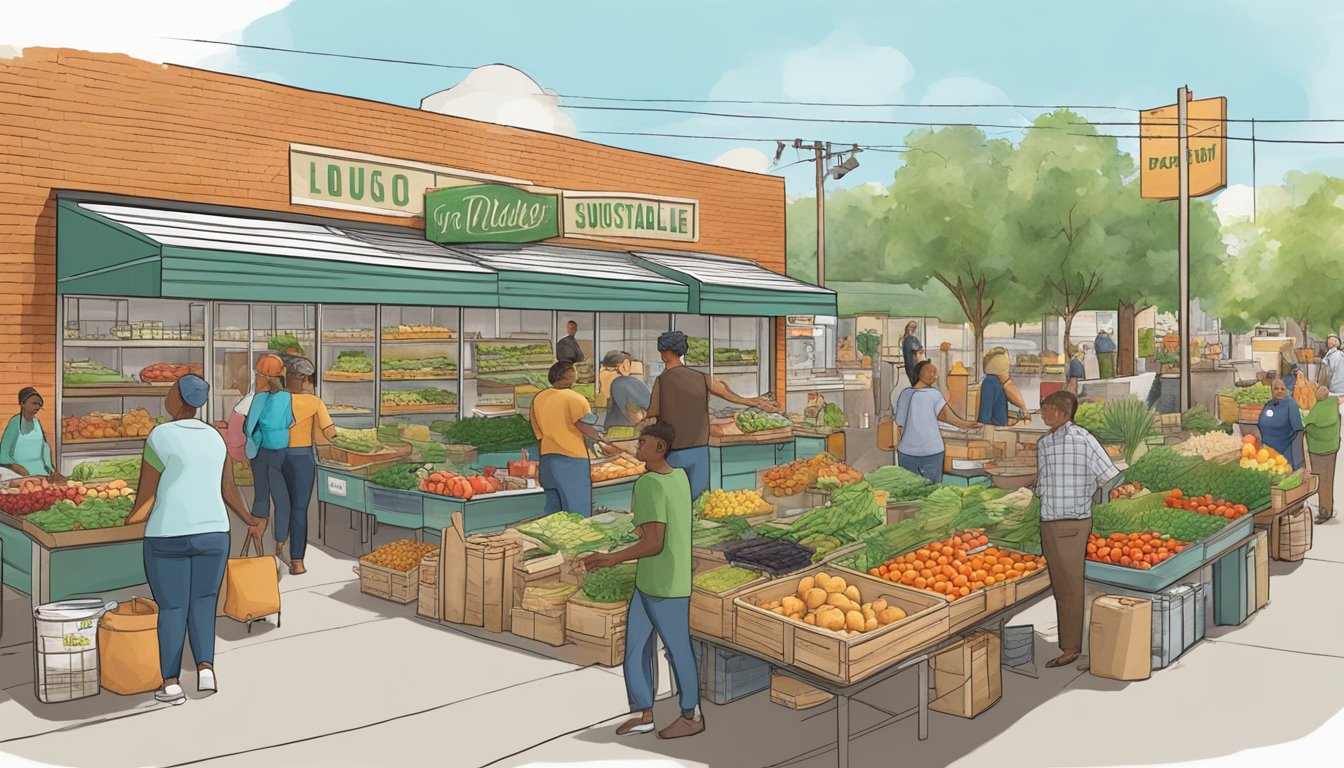 A bustling local food coop in Tulsa, OK, with diverse produce, friendly vendors, and customers engaged in sustainable shopping