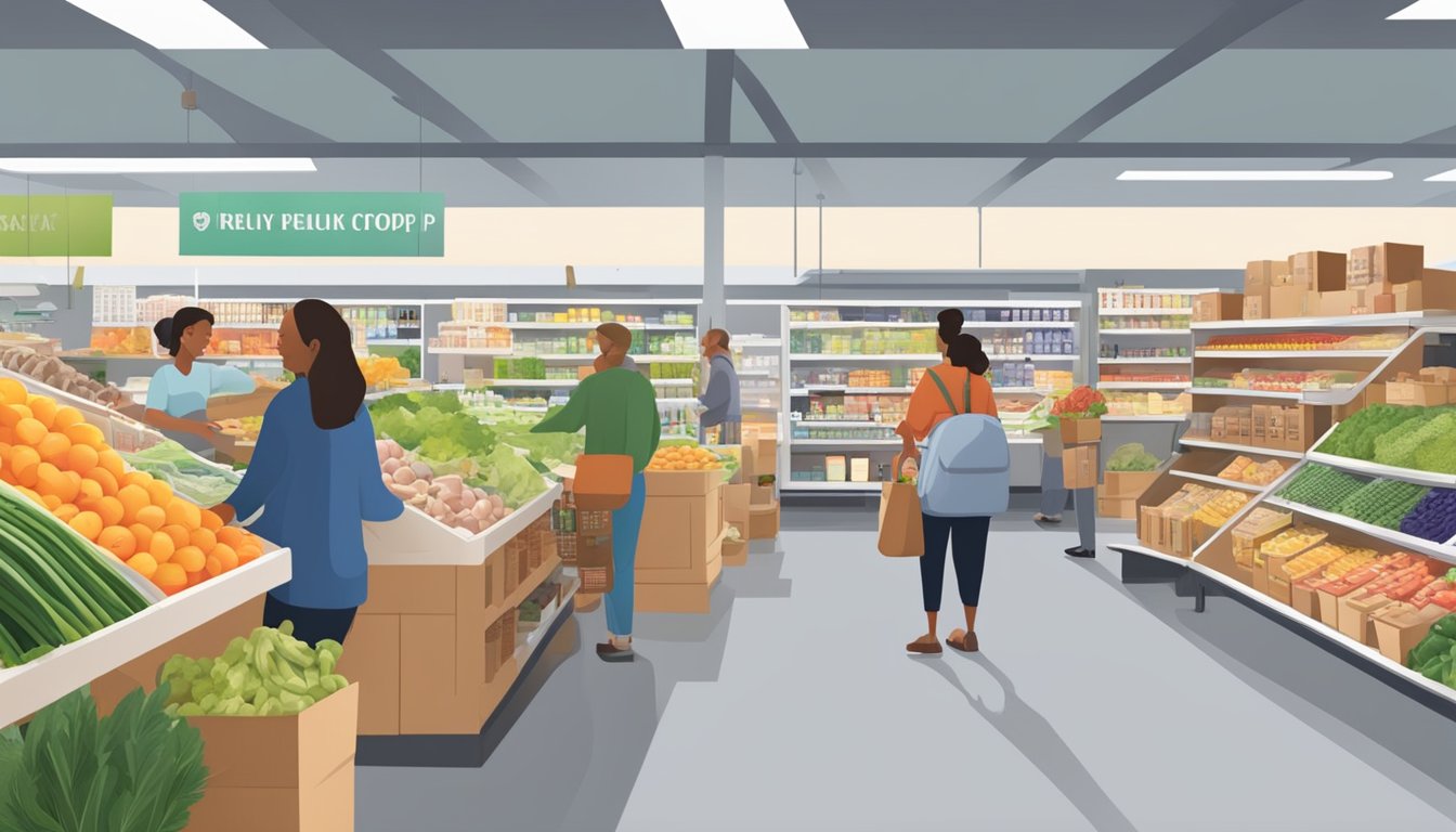 A bustling local food coop with shelves stocked with a variety of fresh produce, dairy products, and pantry staples. Customers browse the aisles, chatting with friendly staff