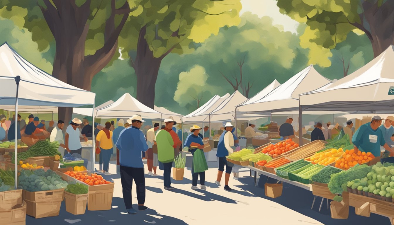 A bustling farmers market with vendors selling fresh produce and locally sourced goods under a canopy of oak trees in Oakland, CA