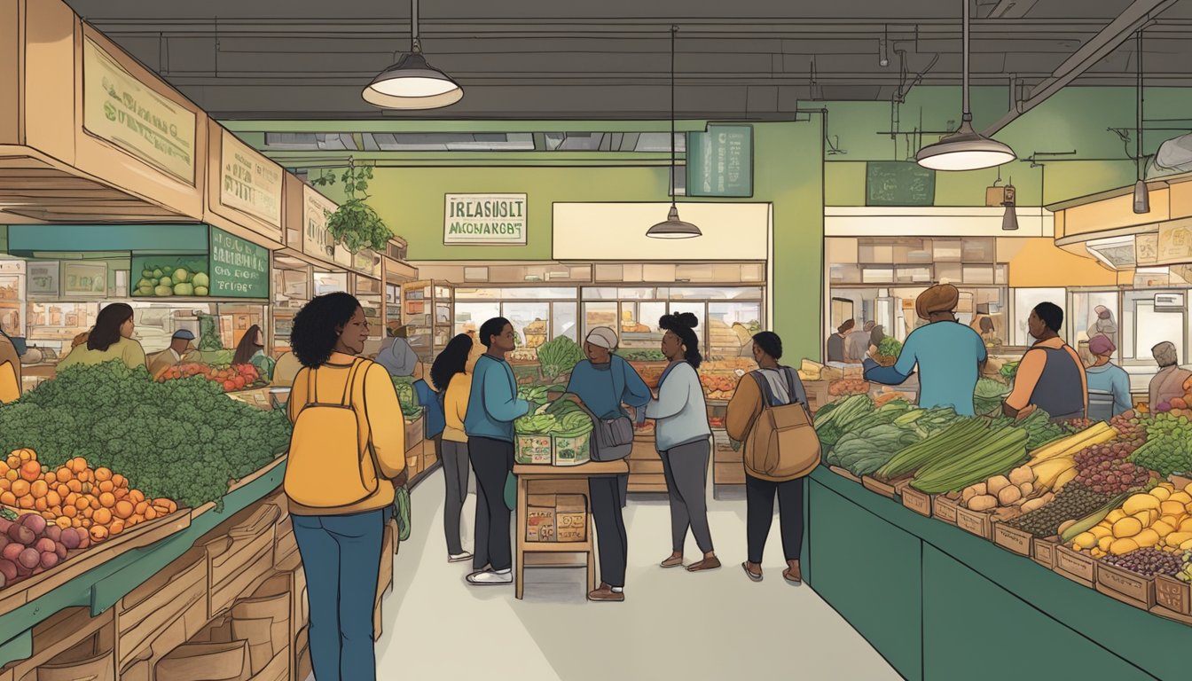 A bustling local food coop in Oakland, CA, with diverse produce and products, customers browsing and purchasing, and staff assisting with transactions