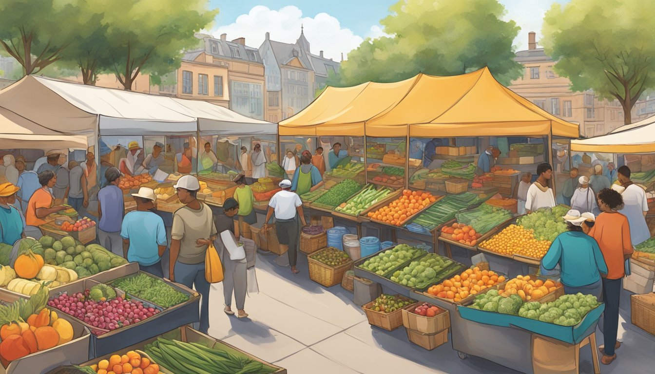 A bustling outdoor market with colorful stalls and tents, showcasing fresh produce and local goods. A calendar of events displayed prominently