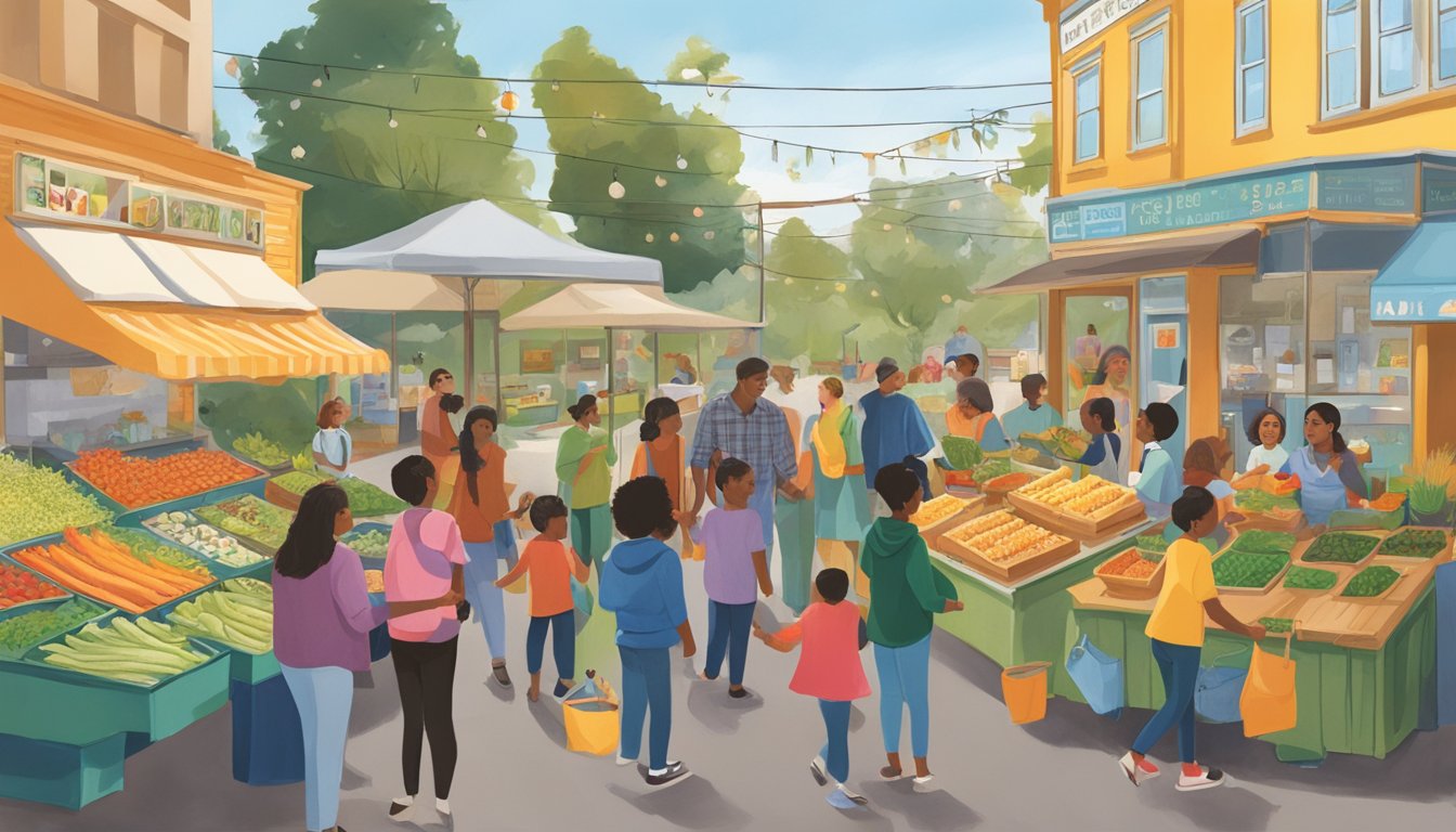 A bustling local food coop in Oakland, CA hosts educational events with colorful displays and interactive activities