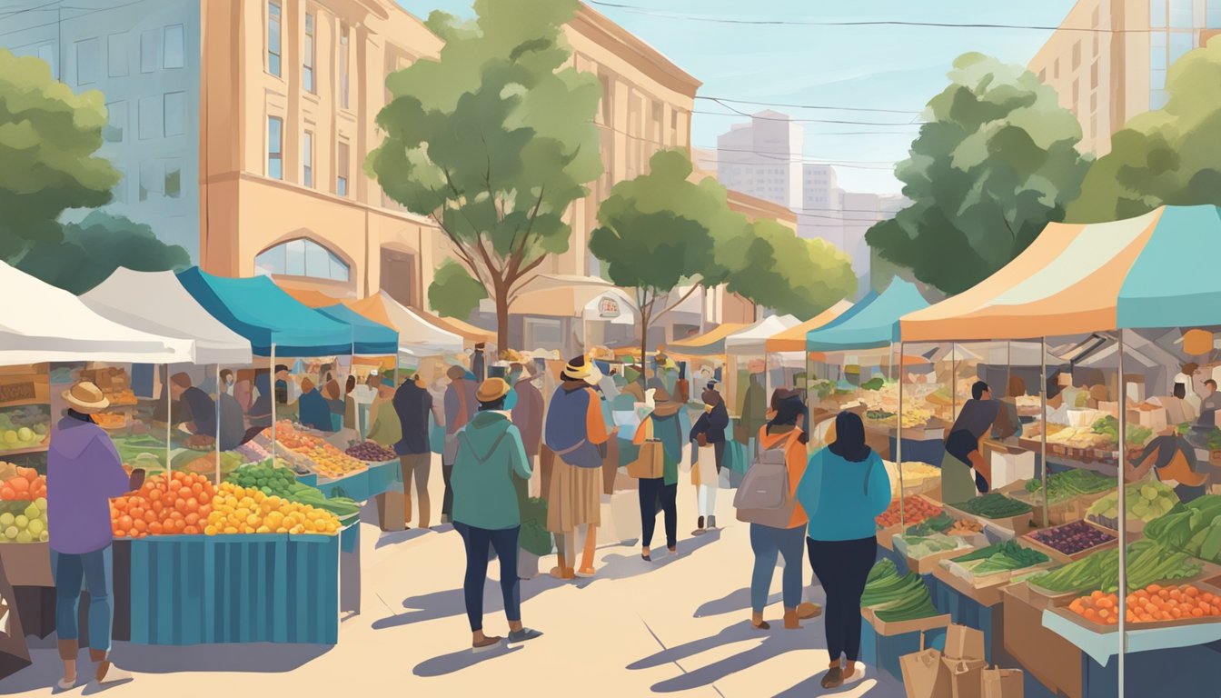 A bustling farmer's market in Oakland, CA, with colorful stalls and a diverse crowd browsing local produce and artisanal goods