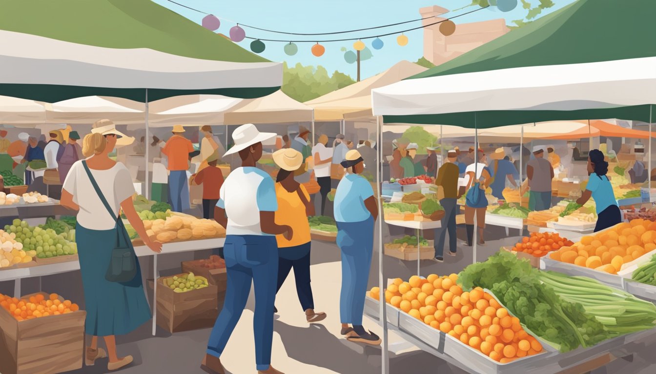 A bustling farmers market with diverse local produce and artisanal food vendors in Bakersfield, CA