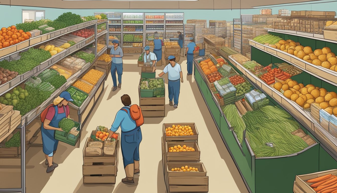 A bustling local food coop in Bakersfield, CA, with crates of fresh produce and shelves stocked with a variety of goods. Busy workers and customers move through the aisles