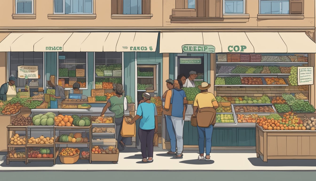 A bustling local food coop in Riverside, CA, with vendors selling fresh produce, baked goods, and artisanal products. Customers browse and chat with vendors