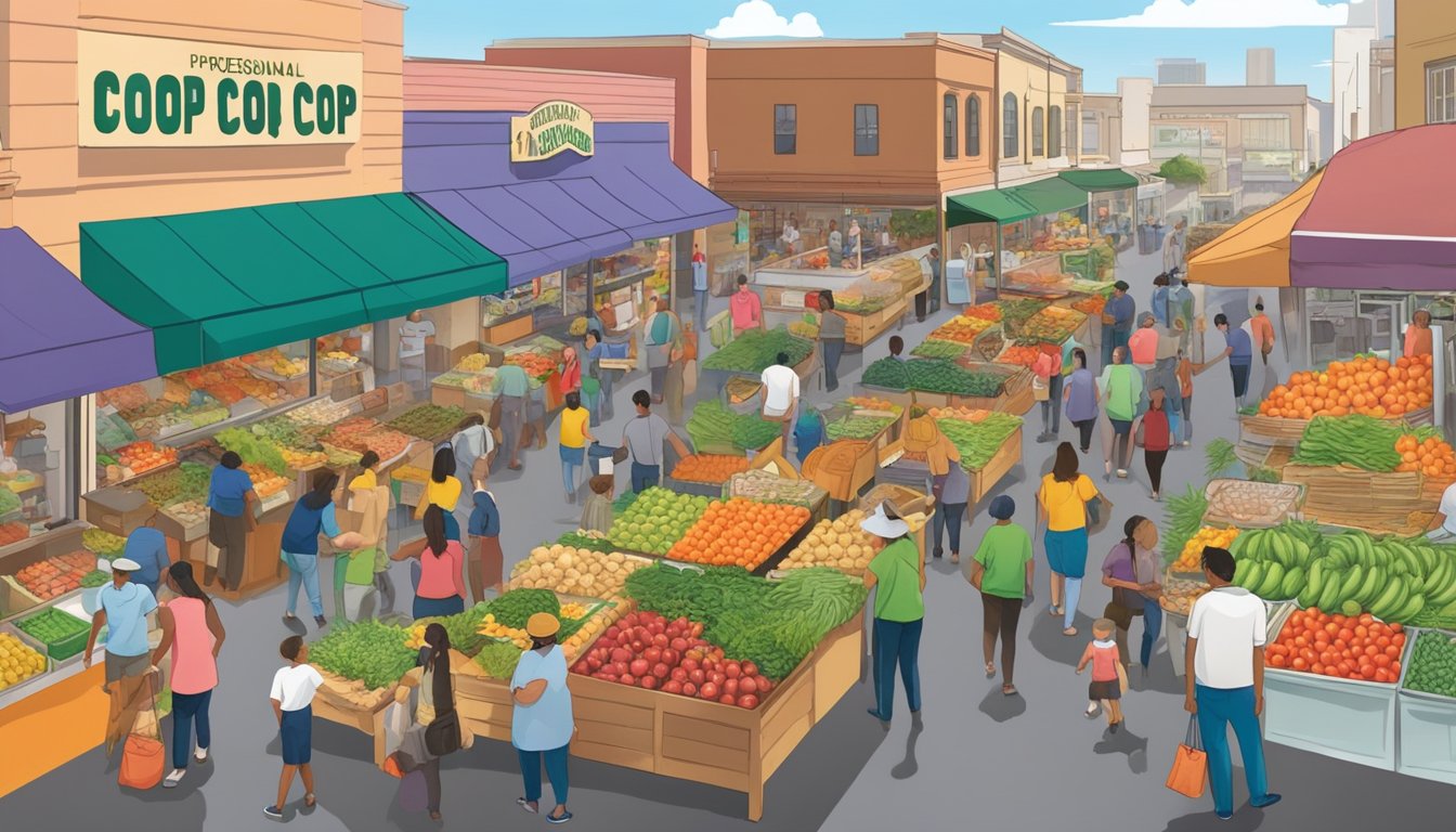 A bustling local food coop market with colorful produce stalls and busy shoppers in Corpus Christi, TX