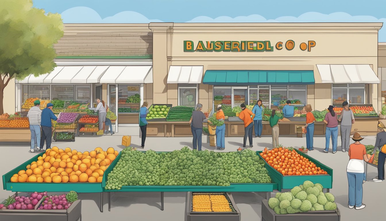 A bustling local food co-op in Bakersfield, CA, with volunteers assisting customers and colorful produce on display