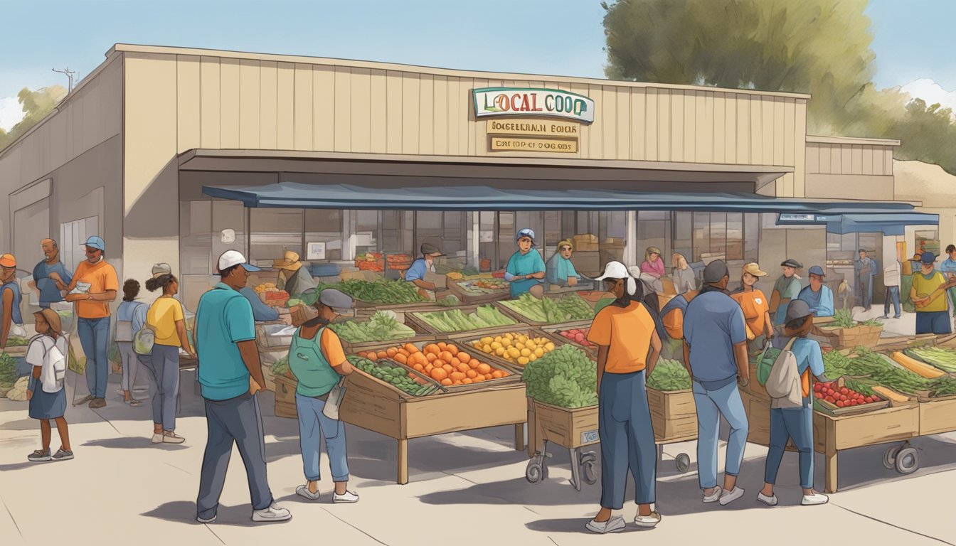 A bustling local food coop in Bakersfield, CA with volunteers and community members working together to distribute fresh produce and goods