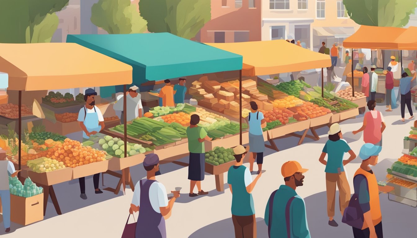 A bustling farmers market with colorful stalls and a variety of fresh produce, baked goods, and artisanal products. Shoppers chat with vendors and sample local treats