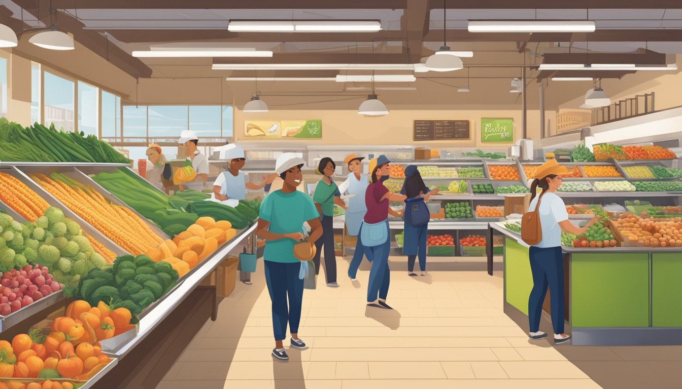 A bustling local food co-op in Bakersfield, CA, filled with fresh produce, artisanal goods, and friendly staff assisting customers