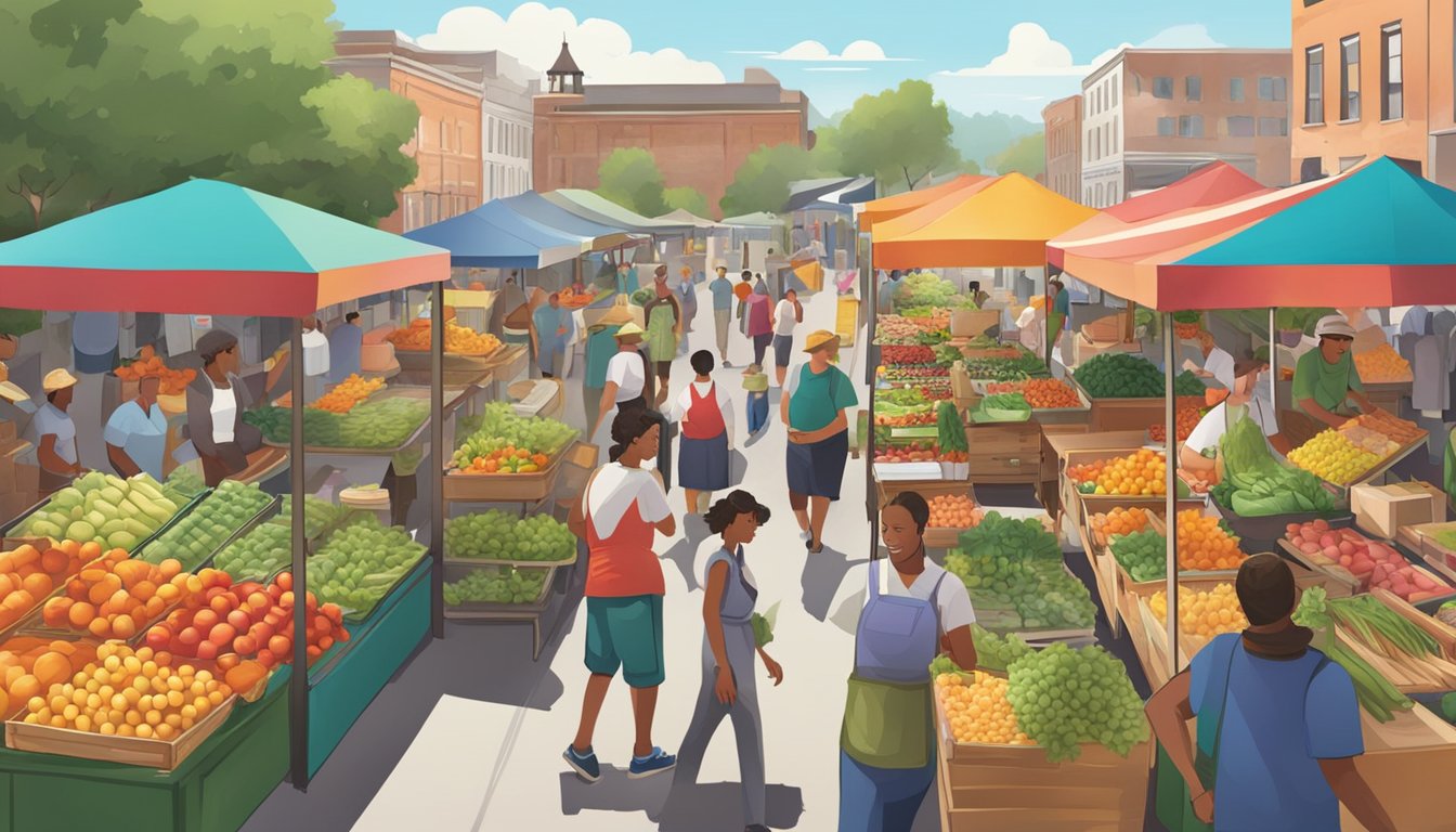 A bustling farmers' market with colorful produce stalls, local vendors, and a lively atmosphere