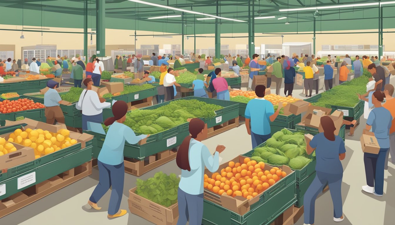 A bustling local food distribution center with crates of fresh produce, volunteers helping, and customers browsing