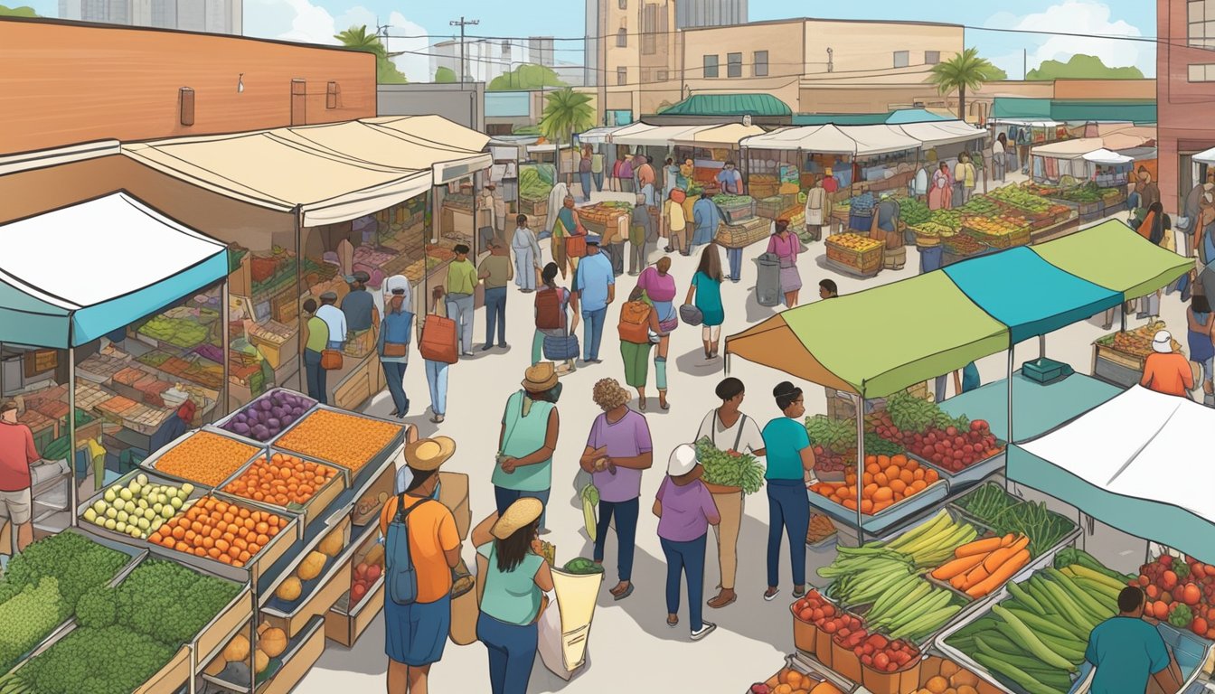 A bustling farmers market in Corpus Christi, Texas, with colorful stalls selling locally grown produce and a diverse community of shoppers browsing and chatting