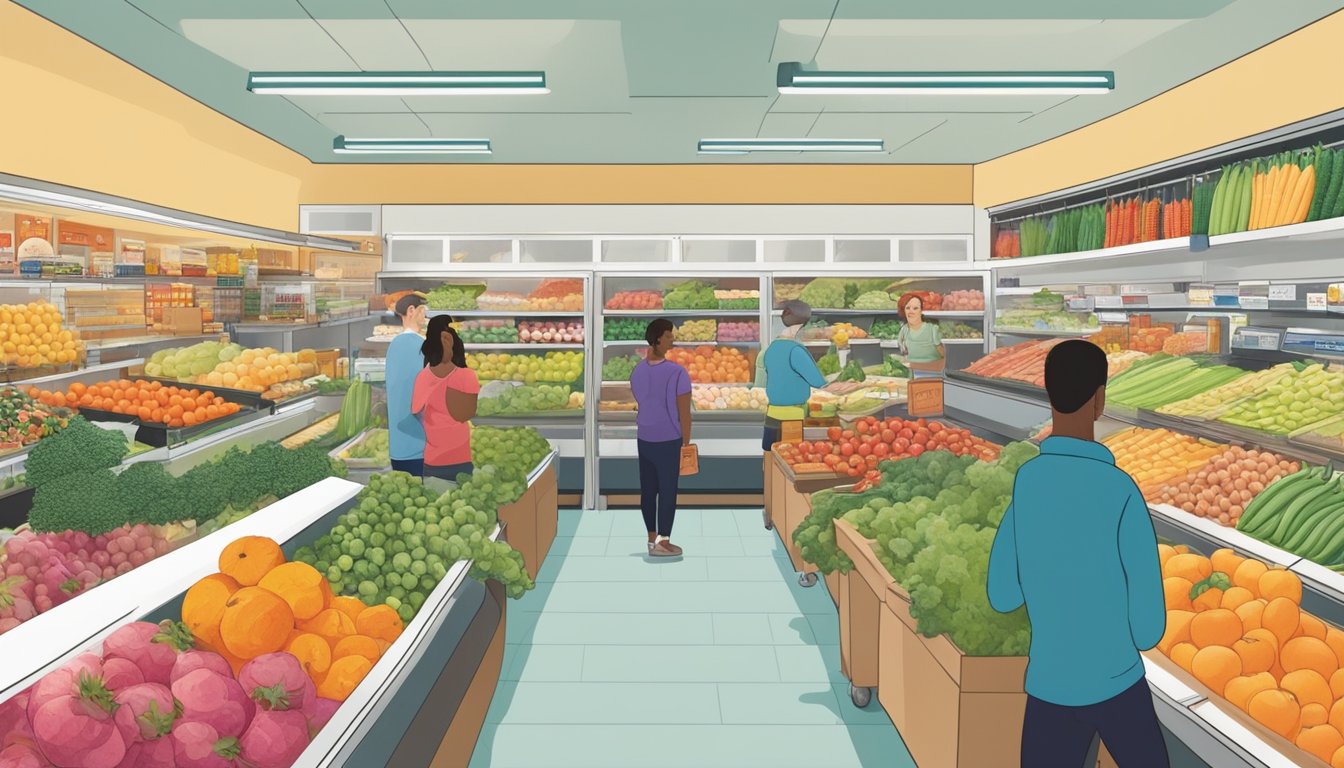 A bustling local food co-op in Riverside, CA, with colorful produce, friendly staff, and a diverse array of customers browsing the aisles