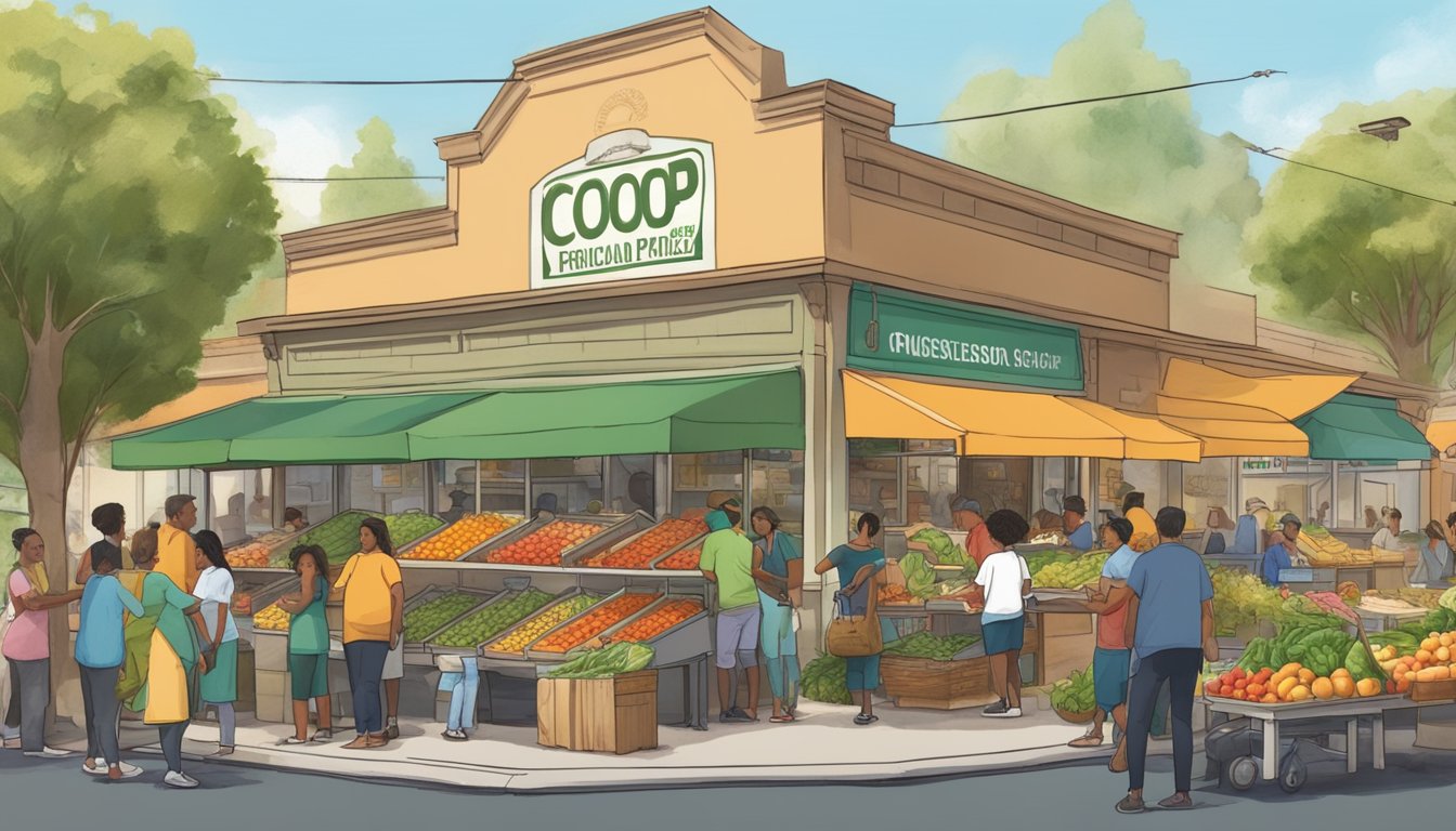 A bustling local food coop with vendors selling fresh produce and goods, surrounded by a diverse and engaged community in Riverside, CA