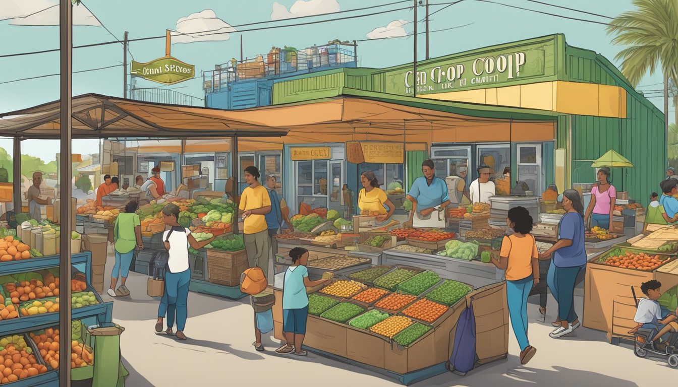 A bustling local food coop in Corpus Christi, TX, with vendors and customers interacting in a vibrant market setting