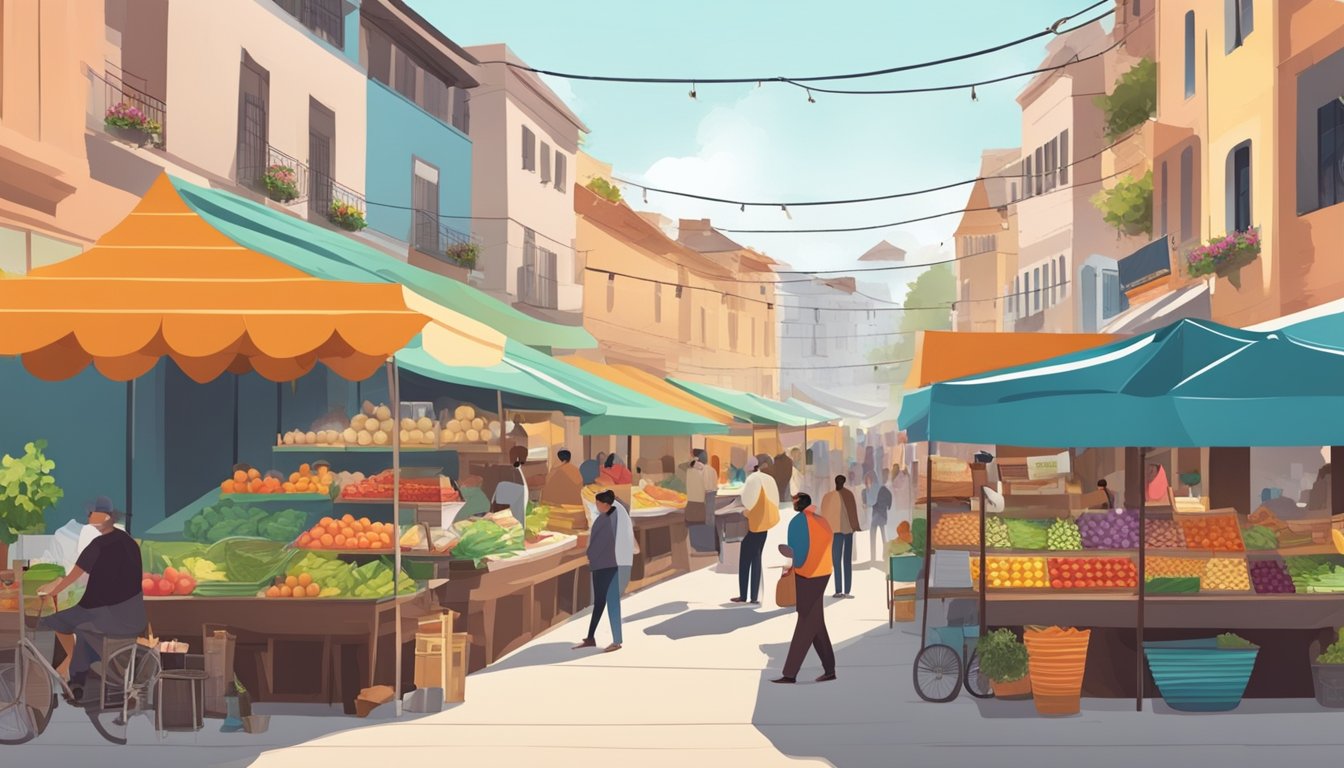 Busy market with colorful stalls selling fresh produce, artisanal goods, and street food. Restaurants line the street, offering diverse cuisines and outdoor seating