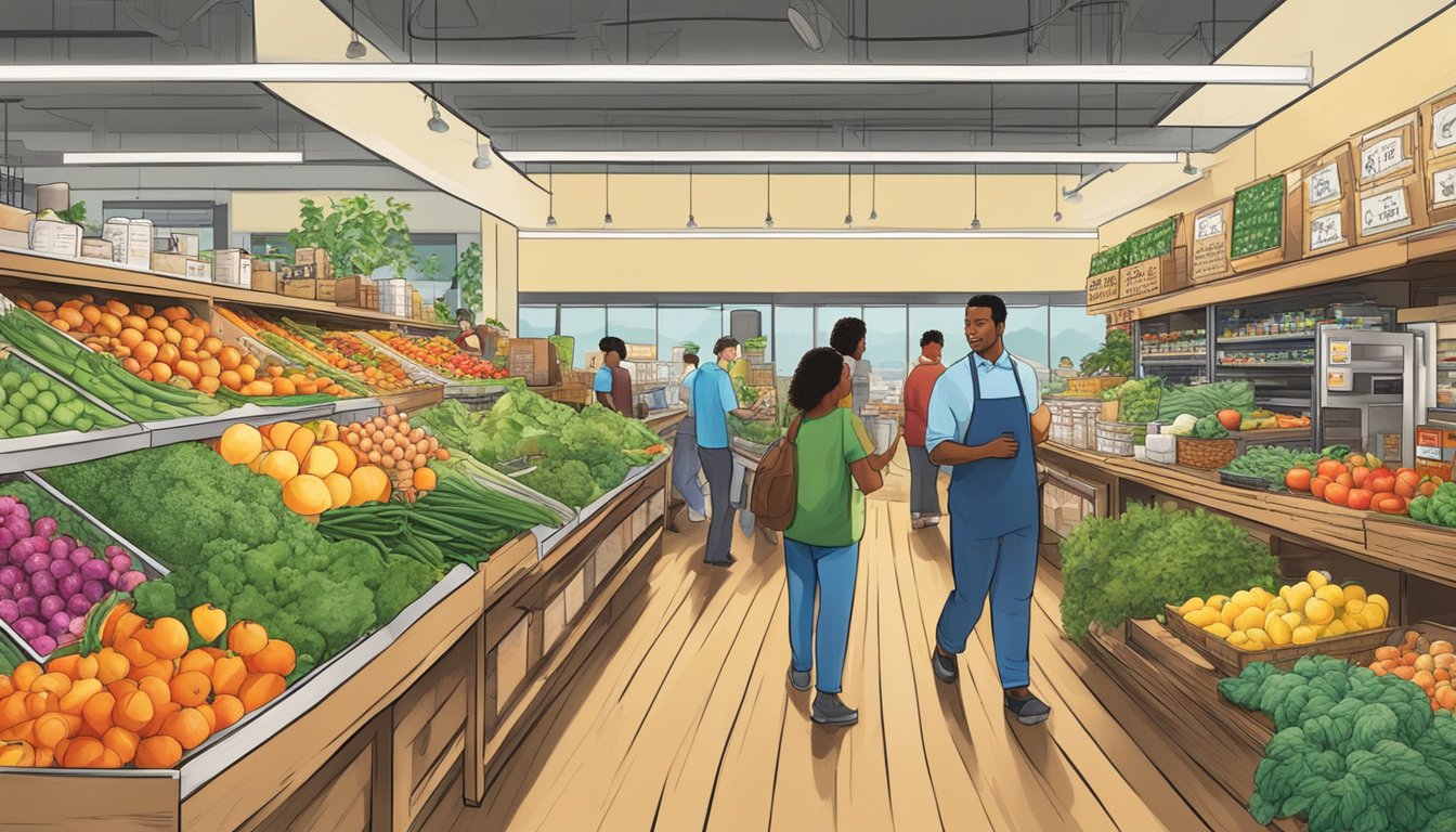 A bustling local food co-op in San Mateo, CA, with shelves stocked full of fresh produce, local products, and a vibrant community atmosphere