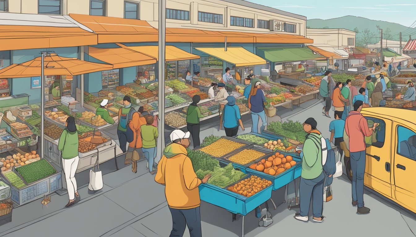 A bustling local food coop in San Mateo, CA, with members shopping and participating in various activities