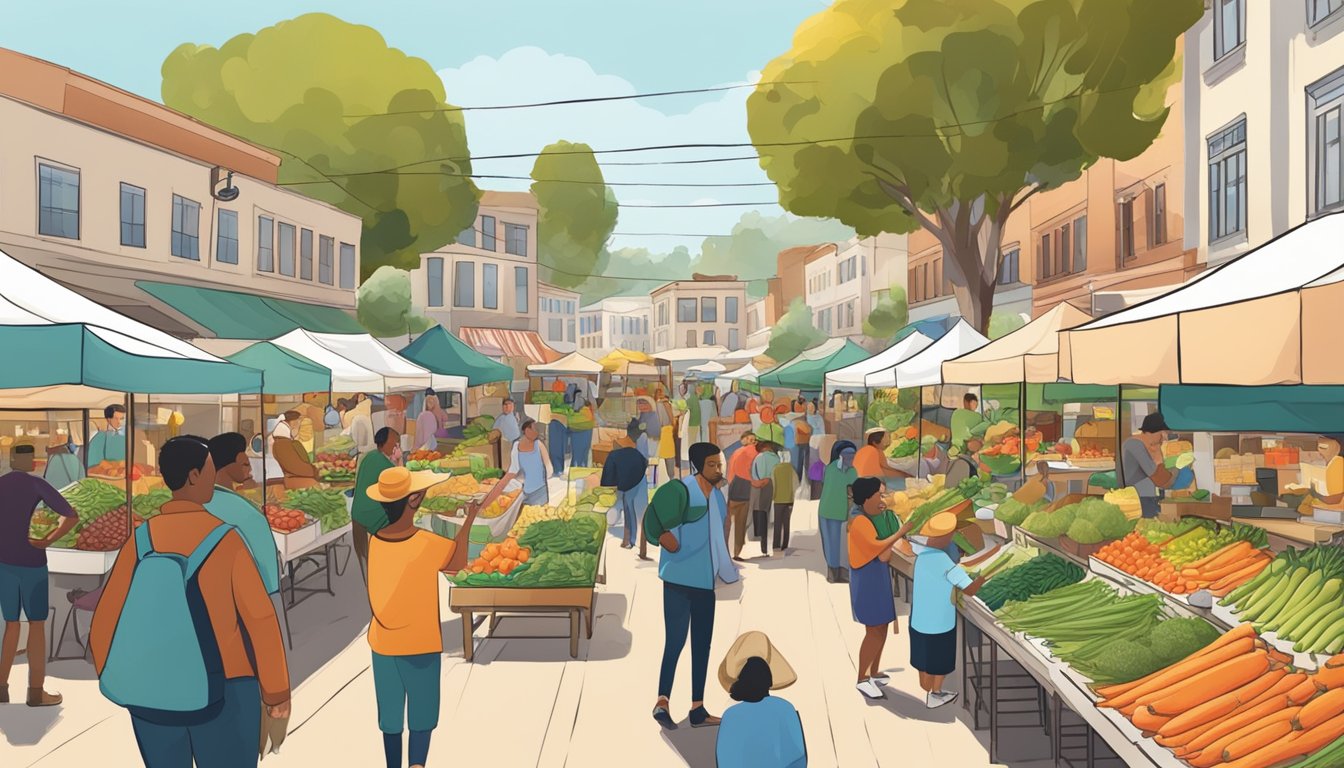 A bustling farmers' market with colorful produce stalls and local vendors showcasing their fresh, organic products in San Mateo, CA