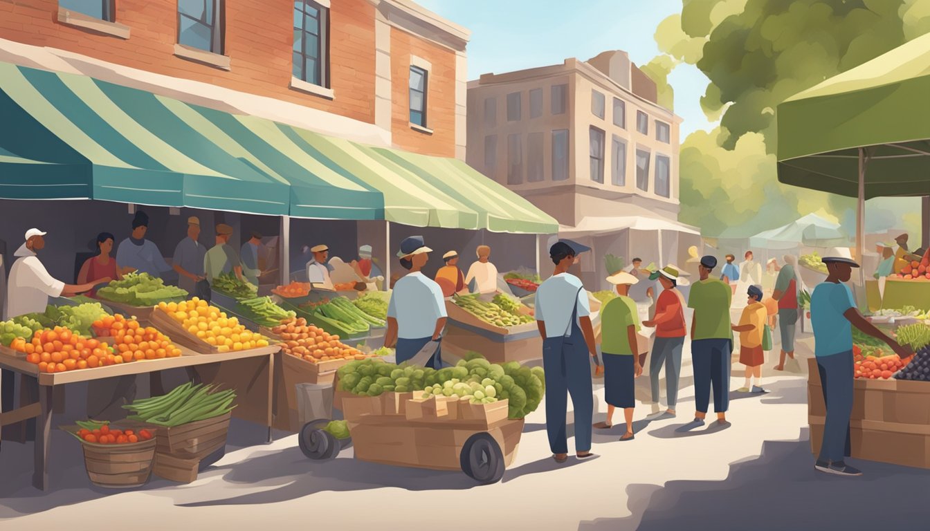 A bustling farmers market with local vendors and community members exchanging fresh produce and goods