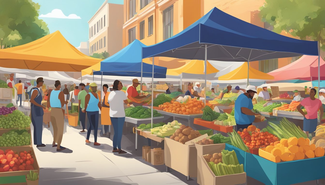 A bustling farmers' market with colorful stalls and diverse produce, surrounded by a lively community in Miami, FL