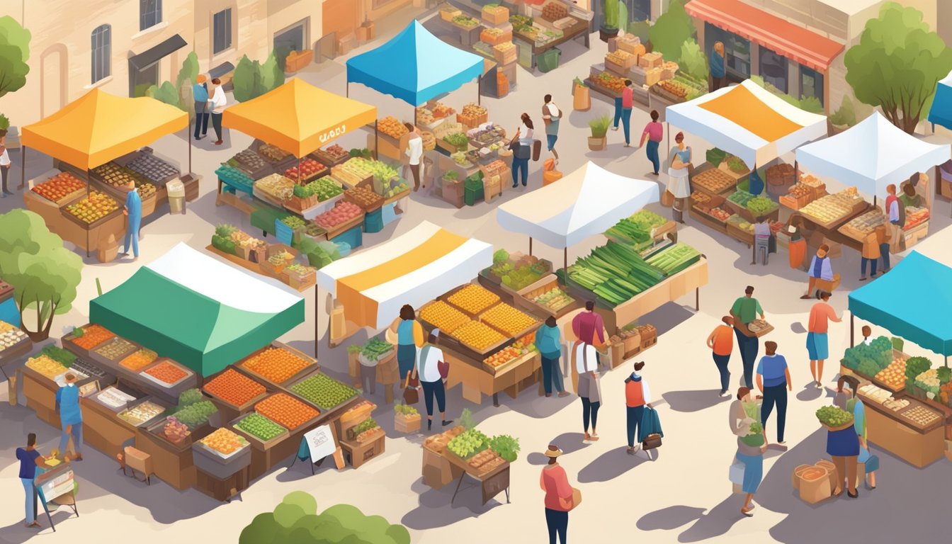 A bustling farmers' market with colorful stalls and a variety of fresh produce, baked goods, and artisanal products. Shoppers browse and chat with vendors