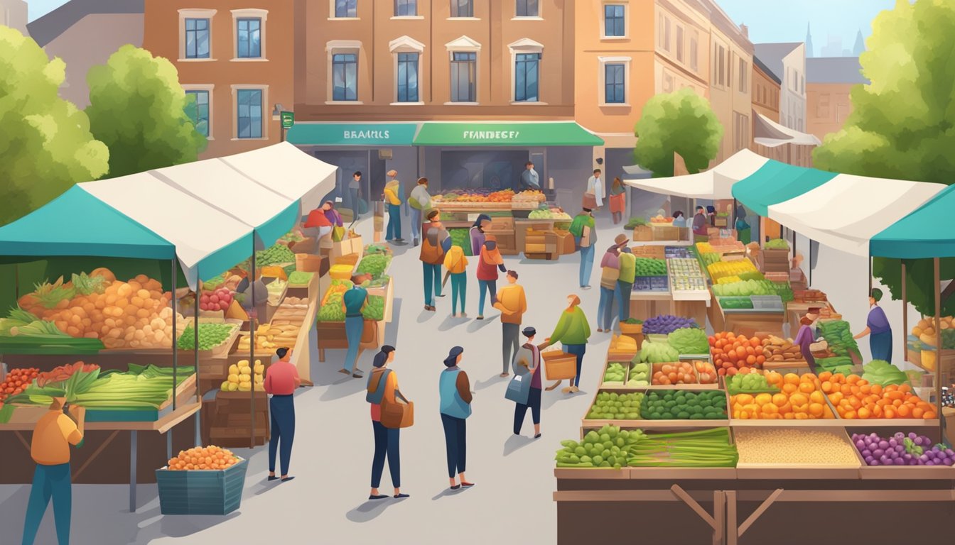 A bustling farmer's market with colorful stalls and friendly vendors selling fresh produce, baked goods, and homemade products